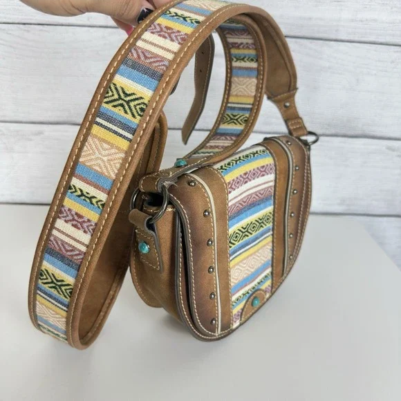 Tony Lama Woven Accent Colorful SaddleBag Leather Southwestern Crossbody Purse - Picture 2 of 12